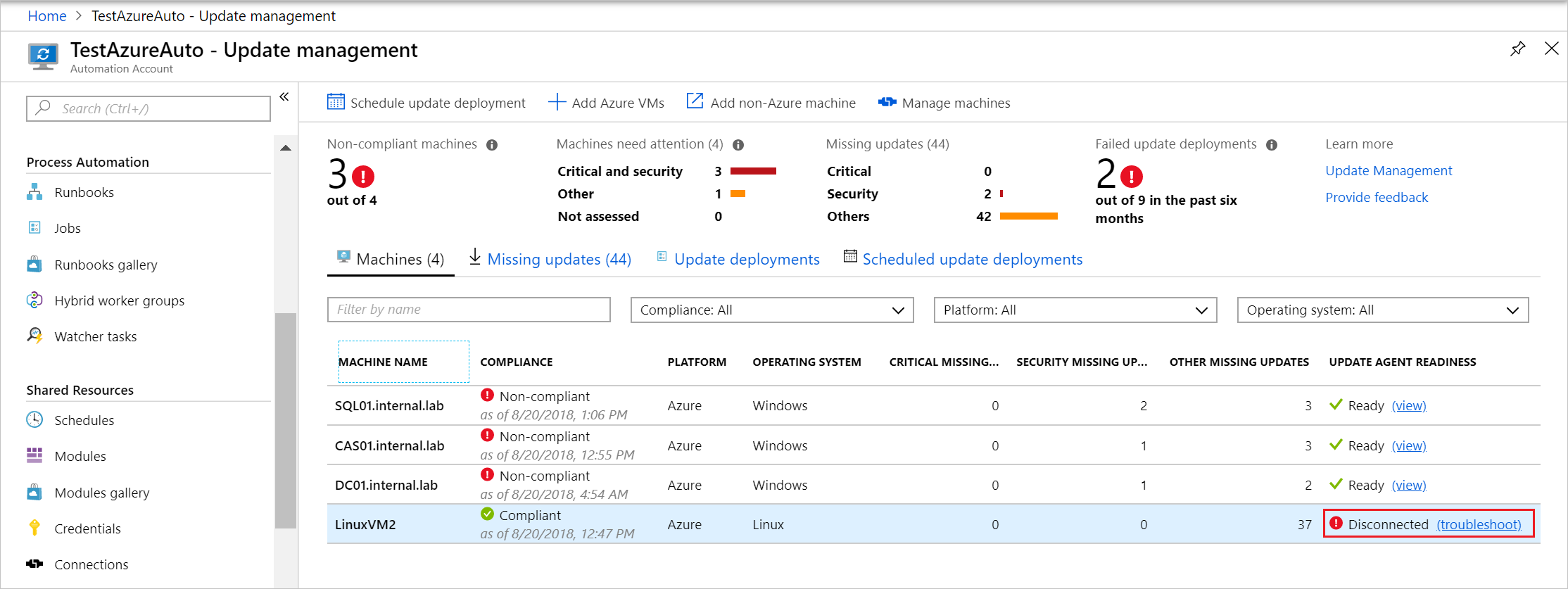 Captura de pantalla de la lista de máquinas virtuales de Update Management.