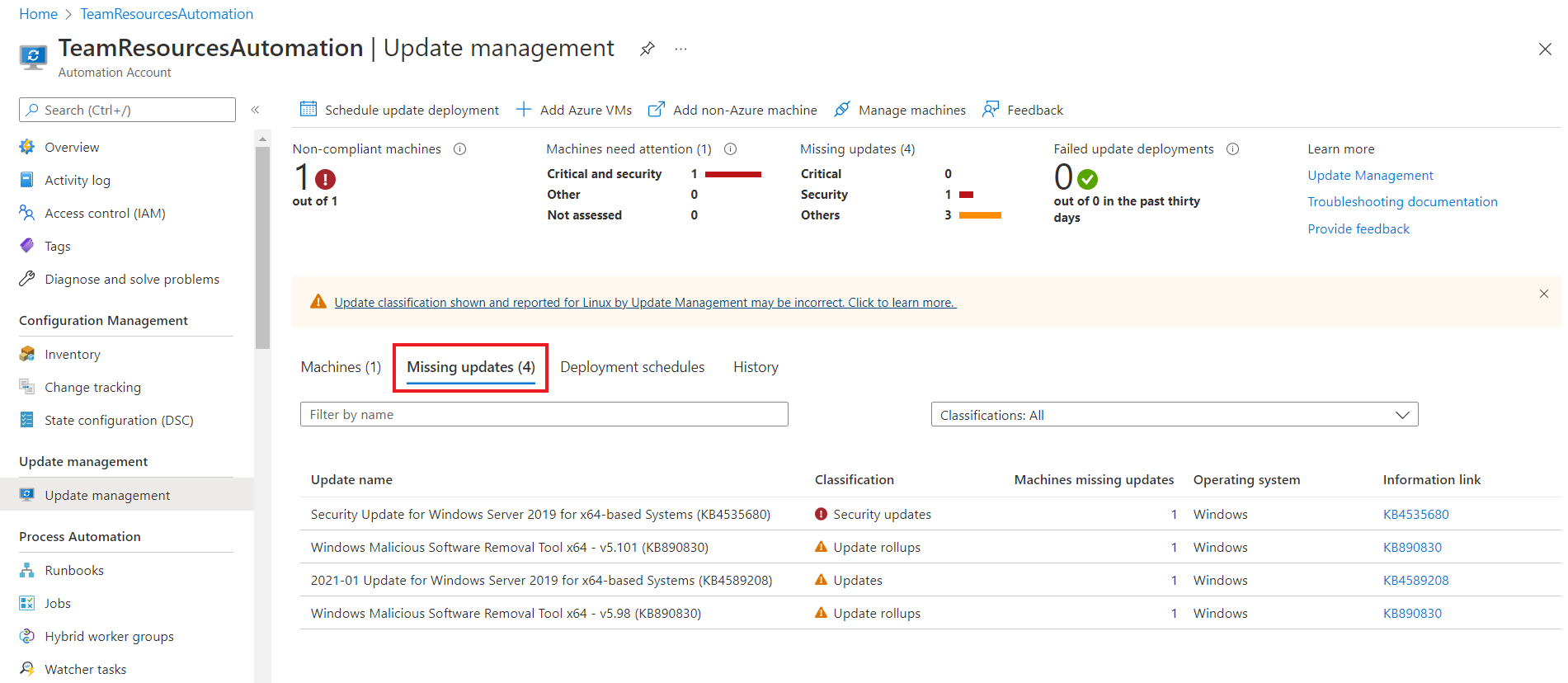 Captura de pantalla de Actualizaciones que faltan en la cuenta de Automation.