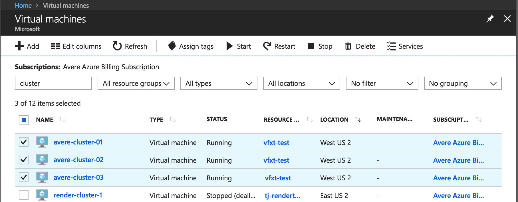 List of VMs in the portal, filtered by the term 