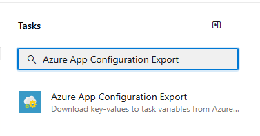 Captura de pantalla en la que se muestra el cuadro de diálogo Agregar tarea con Exportación de Azure App Configuration en el cuadro de búsqueda.