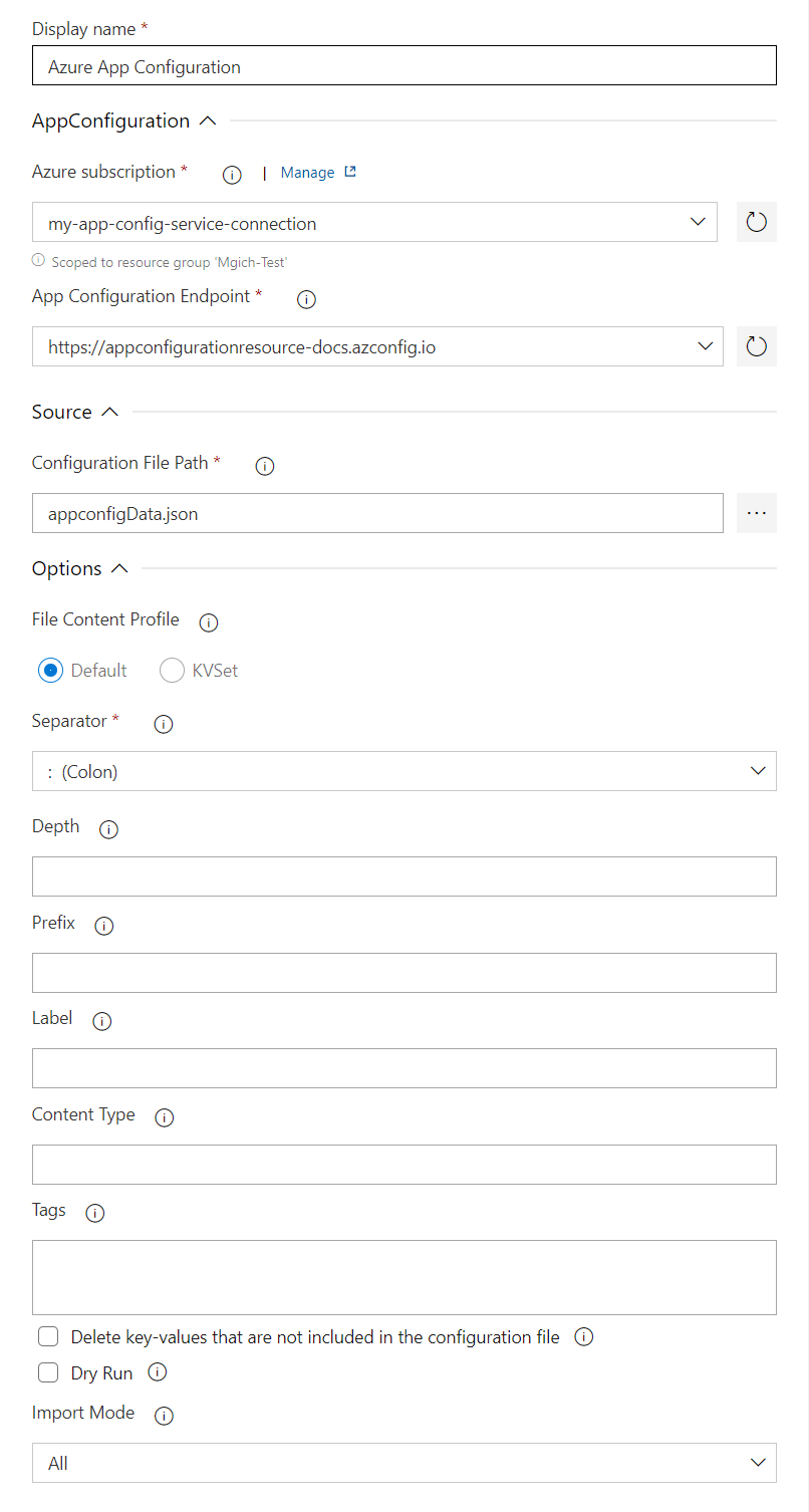 Captura de pantalla que muestra los parámetros de la tarea de importación de App Configuration.