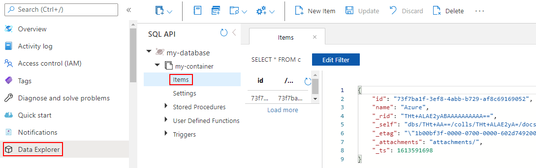 Comprobando que se ha creado un documento en el contenedor de Azure Cosmos DB