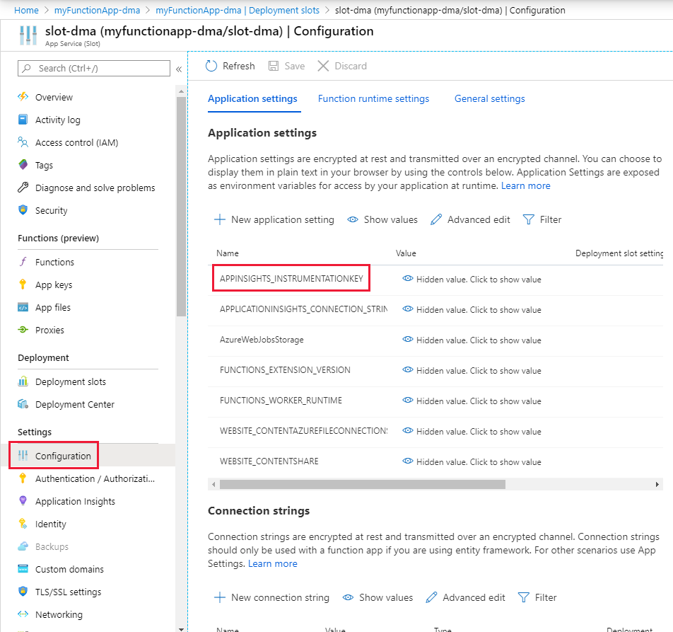 Configure la configuración de la aplicación para una ranura en Azure Portal.