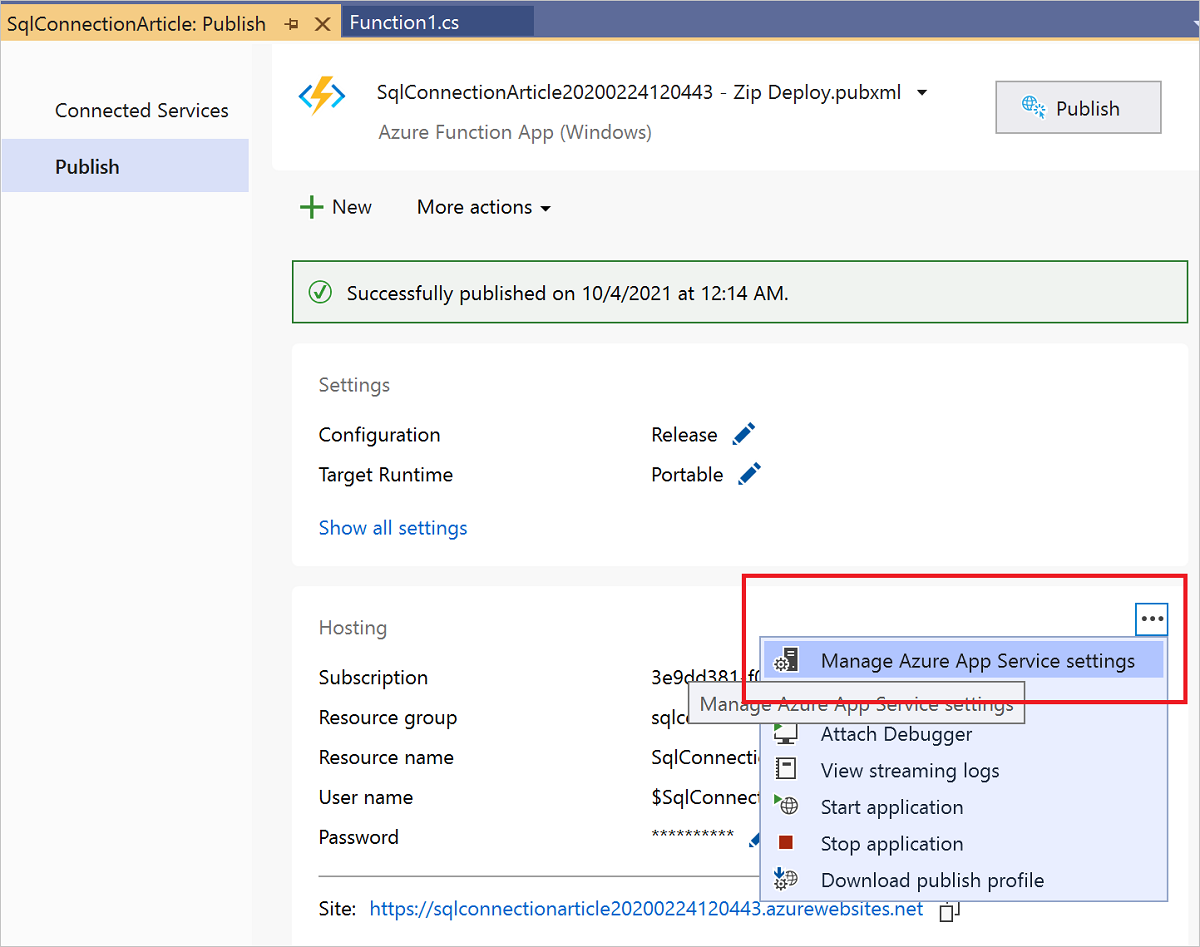 Administrar la configuración de Azure App Service de la aplicación de funciones.