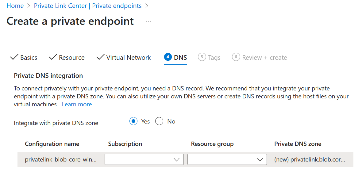 Captura de pantalla que muestra la pestaña DNS del proceso de configuración del punto de conexión.