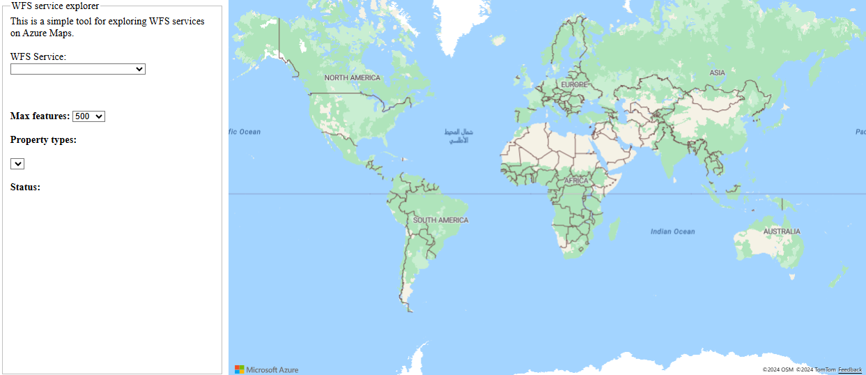 Una captura de pantalla que muestra una herramienta sencilla para explorar los servicios de WFS en Azure Maps.