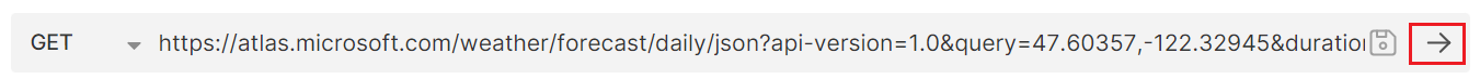 Captura de pantalla que muestra la URL de Solicitud de previsión del tiempo diario con el botón ejecutar resaltado en la aplicación bruno.