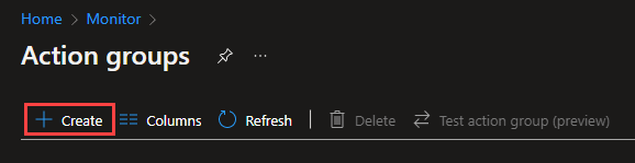 Captura de pantalla de la página Grupos de acciones en el Azure Portal. Se indica el botón Crear.