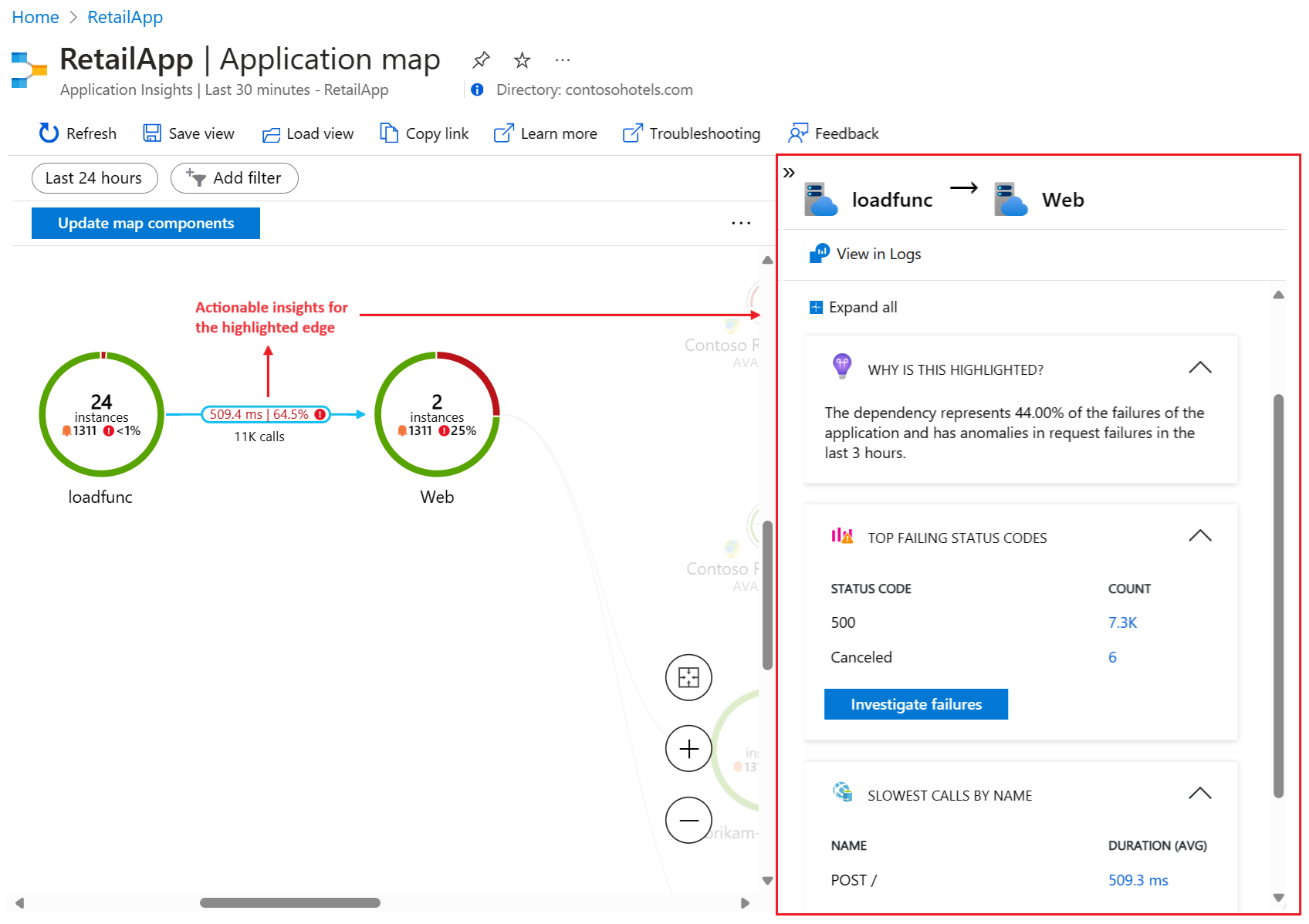 Captura de pantalla que muestra la información accionable para el borde seleccionado en el mapa de la aplicación.