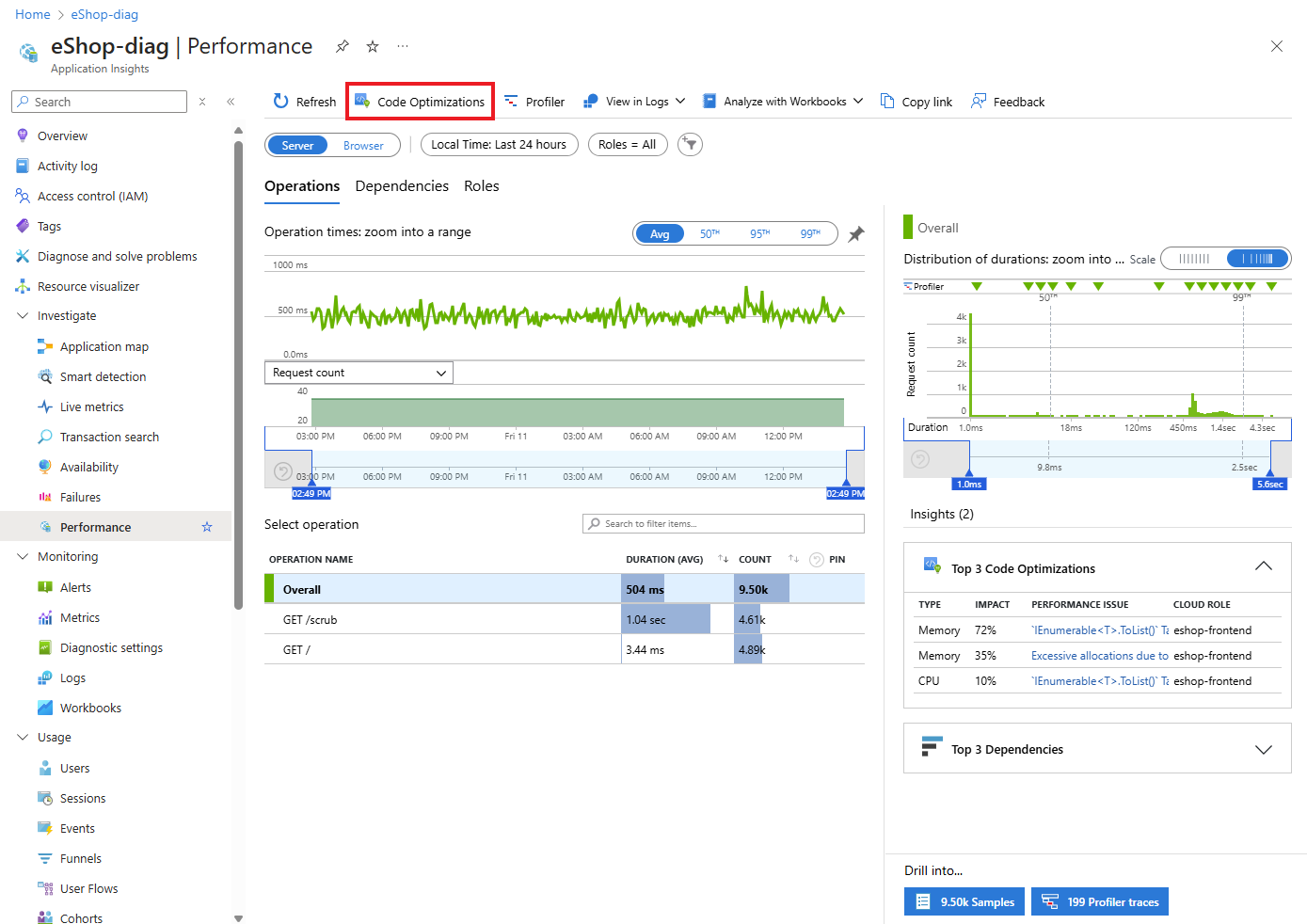 Captura de pantalla de Optimizaciones de código de la hoja Rendimiento.