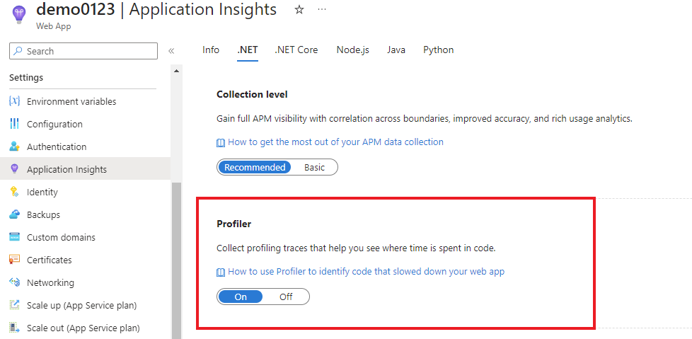 Recorte de pantalla de cómo habilitar Profiler para .NET para la aplicación web.