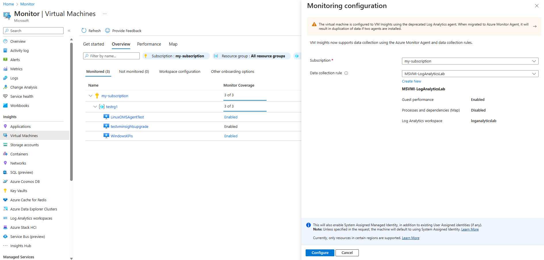 Recorte de pantalla de la página de configuración del agente de VM Insights.