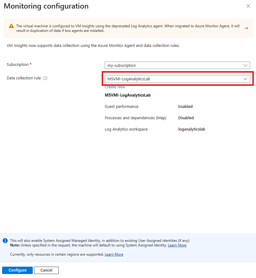 Recorte de pantalla de la página de configuración de supervisión de VM Insights.