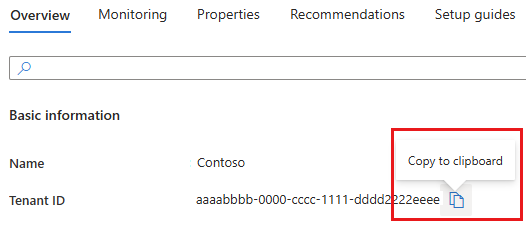 Captura de pantalla que muestra la opción para copiar un ID de inquilino en Azure Portal.