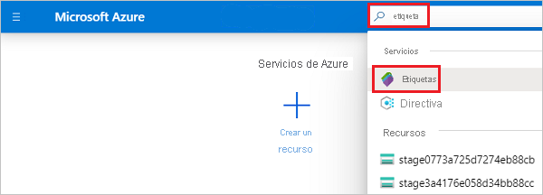 Captura de pantalla de la barra de búsqueda de Azure Portal con la palabra “etiqueta” escrita y seleccionada desde las opciones disponibles.