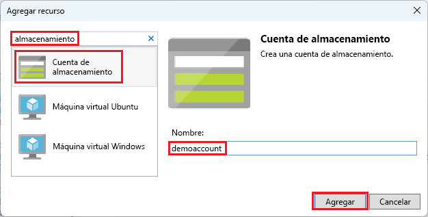 Captura de pantalla de la ventana Añadir nuevo recurso con la opción Cuenta de almacenamiento seleccionada.