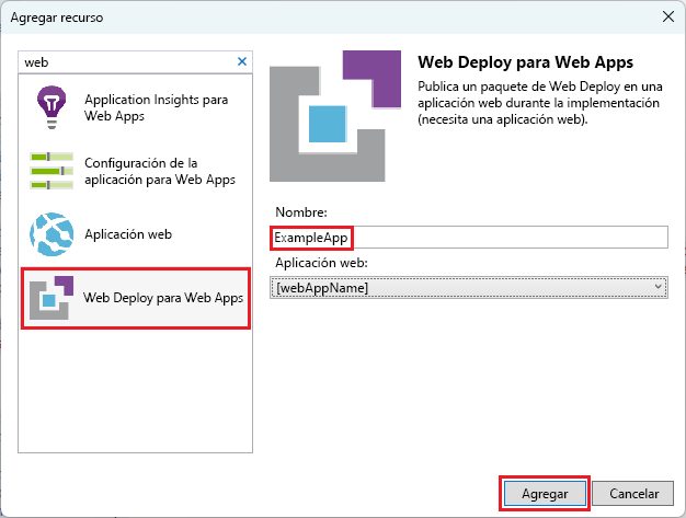 Captura de pantalla de la ventana Añadir nuevo recurso con la opción Web Deploy para Web Apps seleccionada.