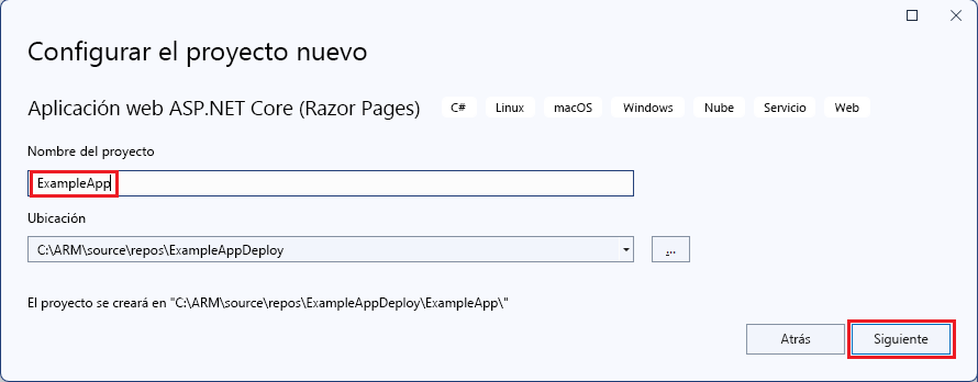 Captura de pantalla de la ventana de nomenclatura de proyecto para la aplicación web ASP.NET Core.