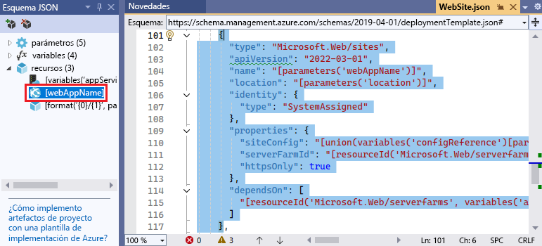 Captura de pantalla del editor Visual Studio con un elemento seleccionado en la ventana Esquema JSON.