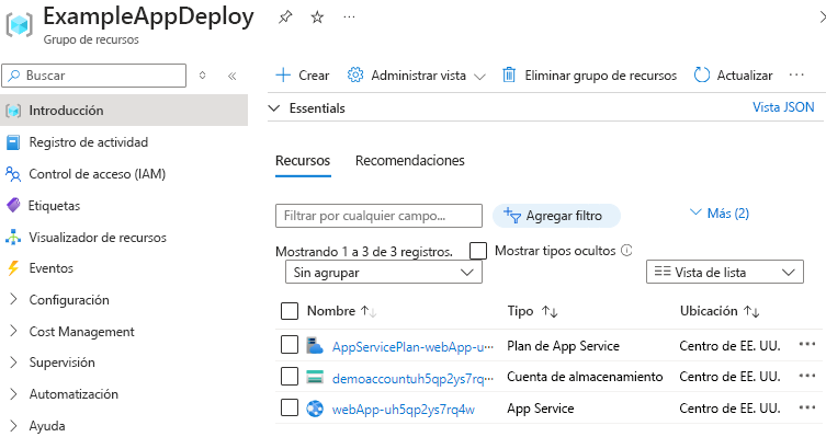 Captura de pantalla del portal Azure que muestra los recursos implementados en un grupo de recursos.