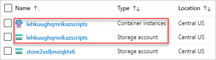 Captura de pantalla de los nombres de recursos del script de implementación de la plantilla de Resource Manager.