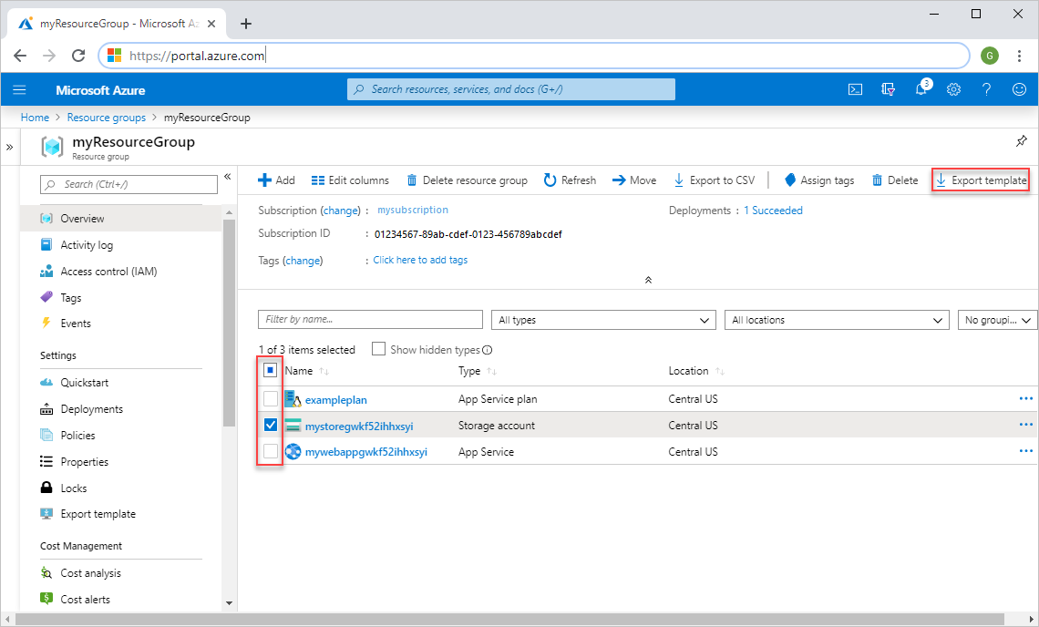 Captura de pantalla que muestra la selección de todos los recursos para exportarlos en Azure Portal.