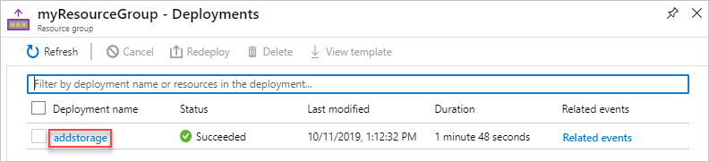 Captura de pantalla que muestra una implementación concreta del historial de implementación seleccionado en Azure Portal.