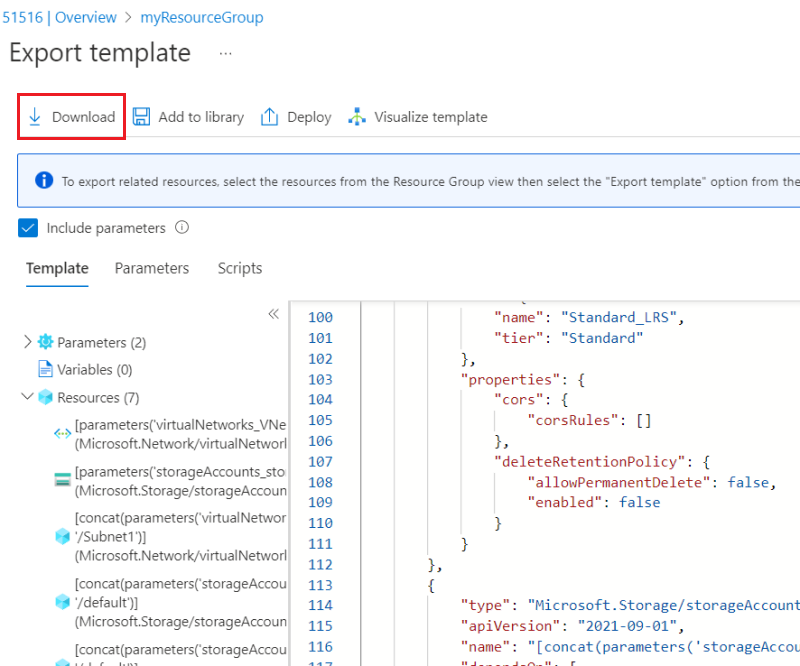 Captura de pantalla del botón de descarga de la plantilla ARM exportada en Azure Portal.