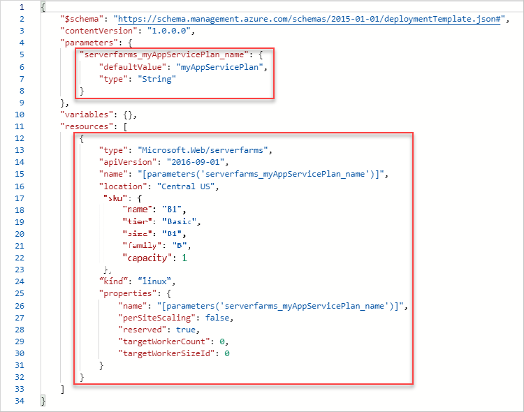 Captura de pantalla del código JSON de la plantilla exportada en Azure Portal.