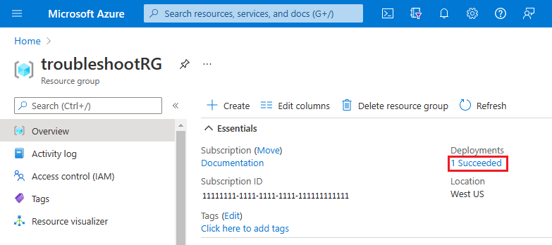 Captura de pantalla de Azure Portal que resalta el vínculo al historial de implementación del grupo de recursos en la sección Información general.