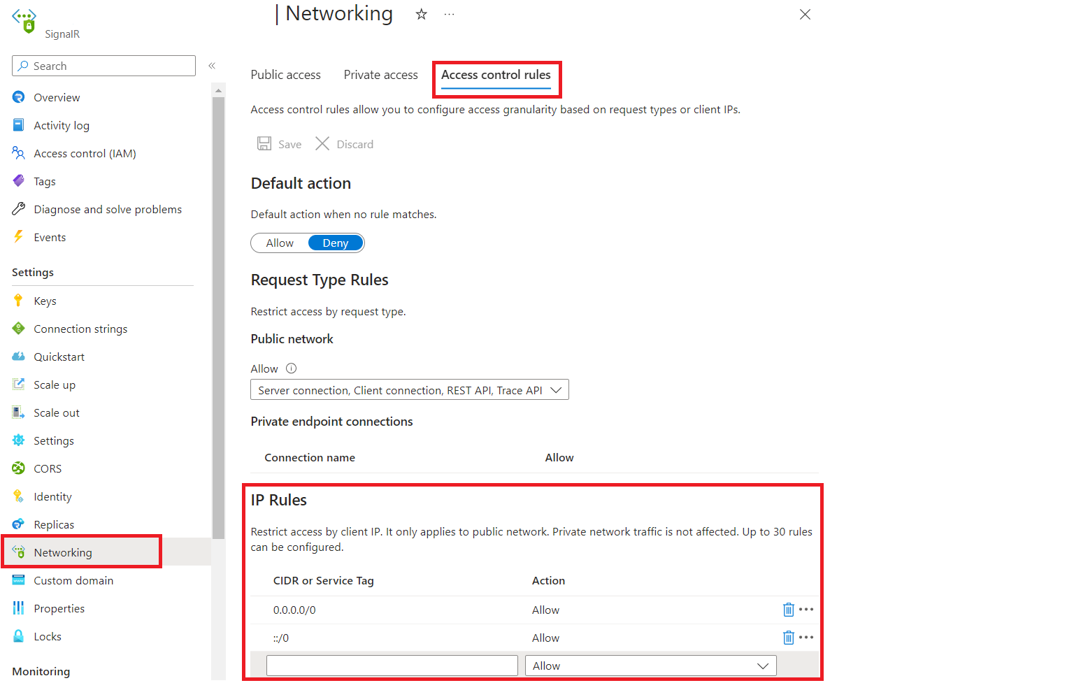 Captura de pantalla que muestra cómo configurar las reglas de IP.