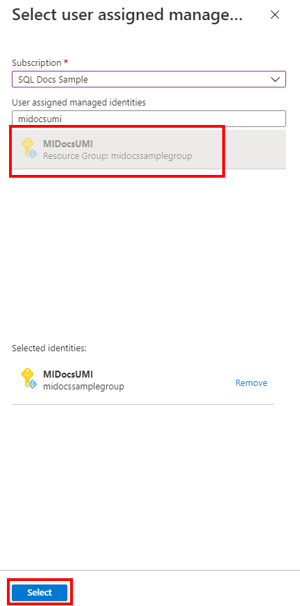 Captura de pantalla del portal de Azure de la identidad administrada asignada por el usuario al configurar la identidad de la instancia administrada