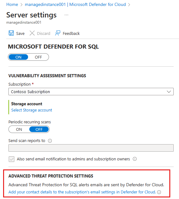 Captura de pantalla que muestra la página Configuración del servidor, donde puede configurar la protección contra amenazas avanzada.