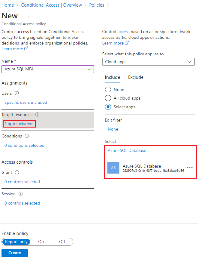 Captura de pantalla de Azure SQL Database designada como recurso de destino en Azure Portal. 