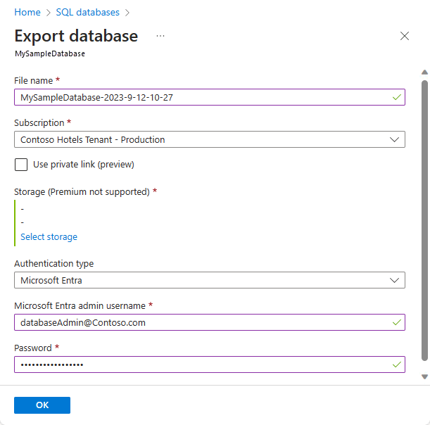 Captura de pantalla que muestra la página Exportar base de datos con el nombre de usuario y la contraseña especificados.