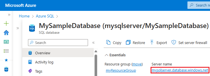 Captura de pantalla para abrir el servidor para una base de datos única en Azure Portal.