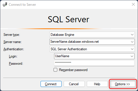 Captura de pantalla que muestra el botón Opciones de SSMS.