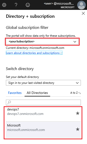 Captura de pantalla de Azure Portal que muestra la página de filtro Directorio + suscripción, donde elegiría el directorio.