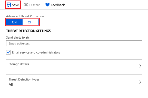 Captura de pantalla del panel de navegación de Azure Portal para la configuración de detección de amenazas.