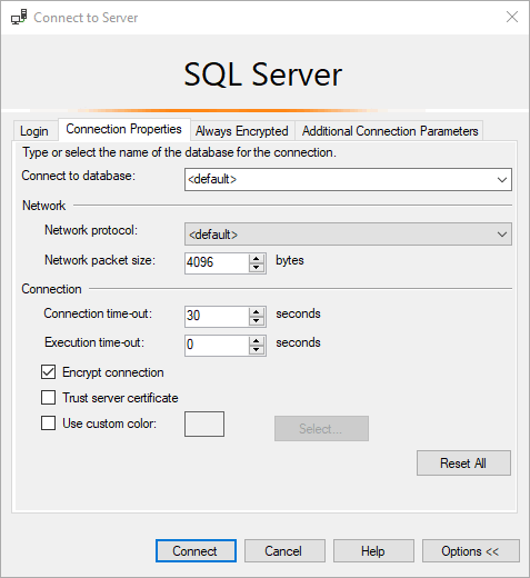 Captura de pantalla del cuadro de diálogo Conectar en SSMS, mostrando la pestaña Propiedades de conexión.