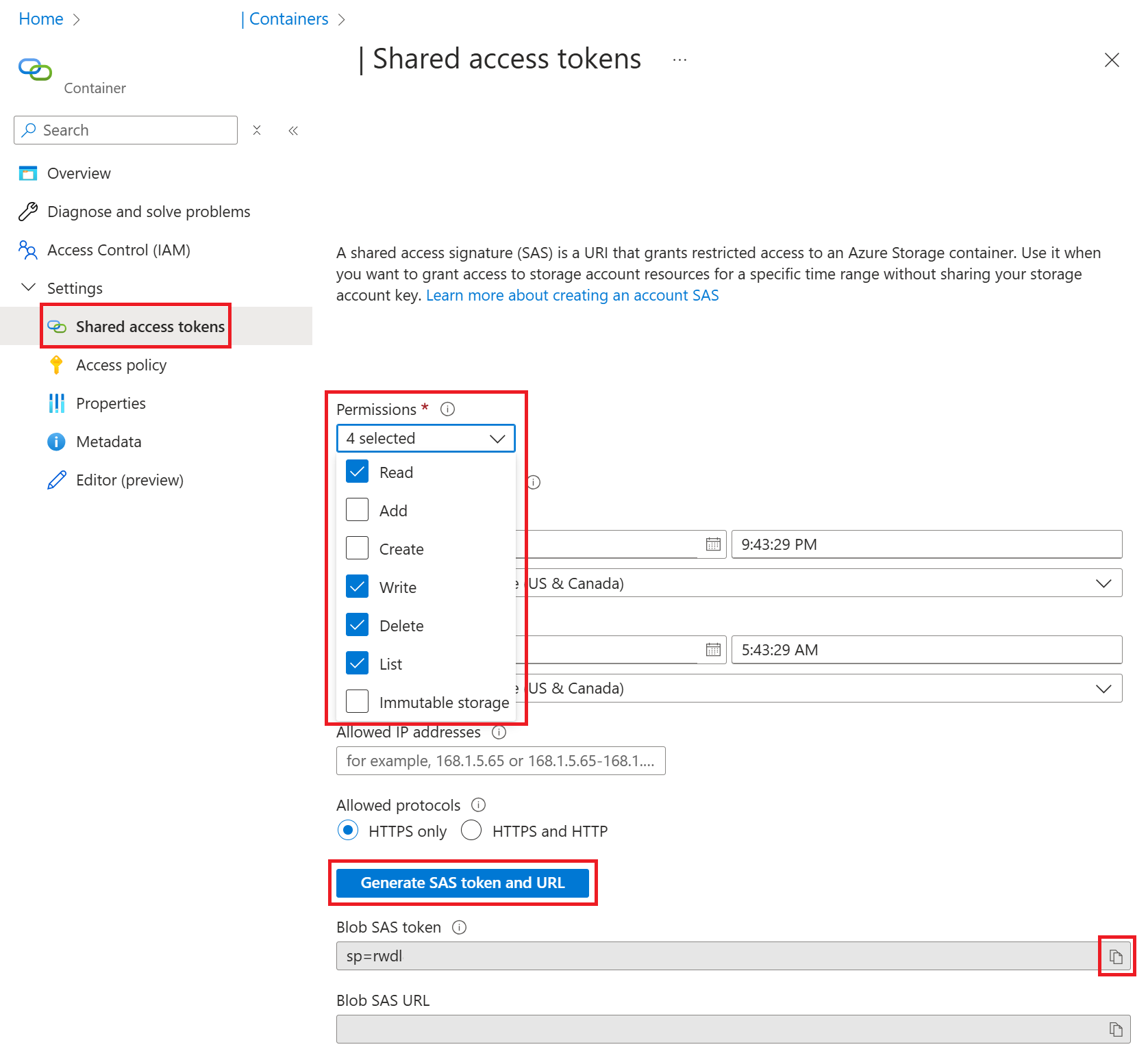 Captura de pantalla de la pantalla Tokens de acceso compartido para un contenedor de Azure Storage, con un token de SAS generado para un contenedor de ejemplo.