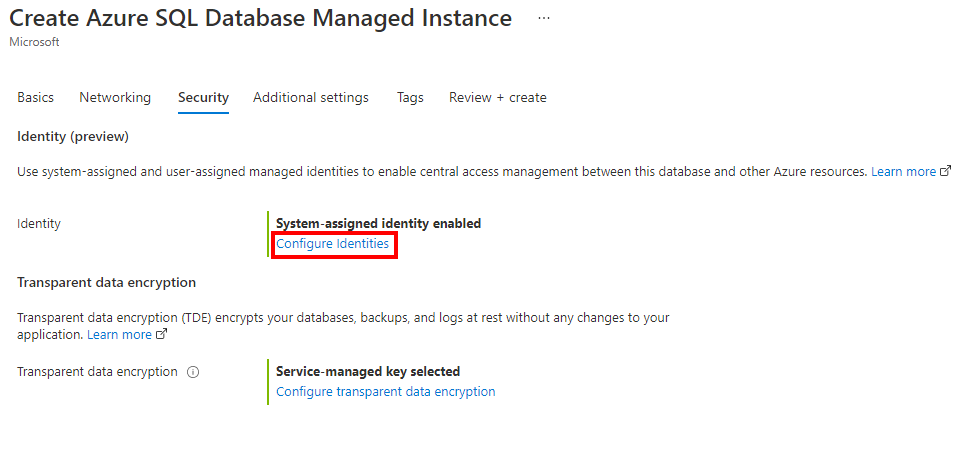 Captura de pantalla de la configuración de seguridad del portal de Azure del proceso de creación de una instancia administrada.