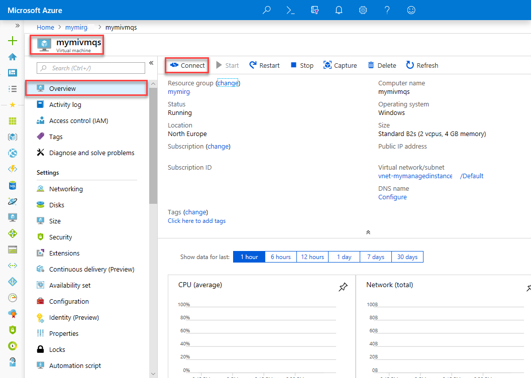 Captura de pantalla que muestra Azure Portal con la página de información general de una máquina virtual seleccionada y la opción Conectar resaltada.