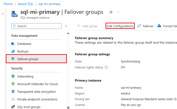 Captura de pantalla del panel del grupo de migración tras error en Azure Portal, con la opción Editar configuraciones resaltada.