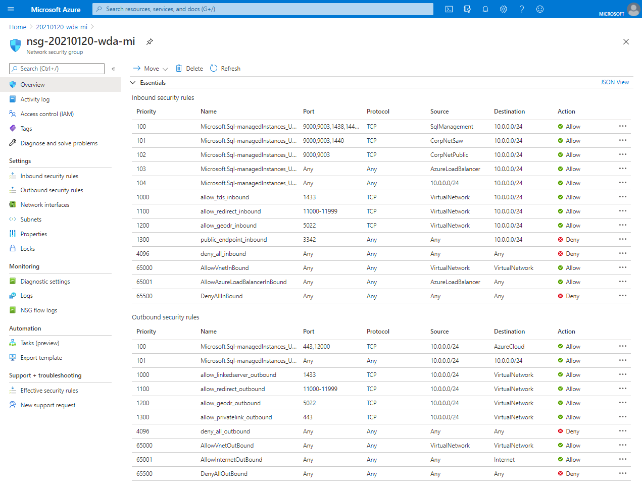 Captura de pantalla de las reglas de seguridad para la instancia en el Azure Portal.