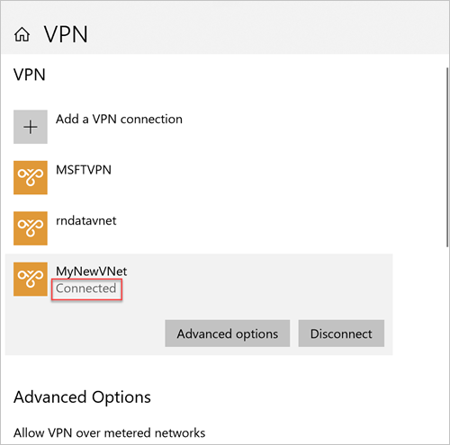 Captura de pantalla de la conexión a Windows VPN en la que se resalta el mensaje Conectado cuando se ha establecido la conexión.