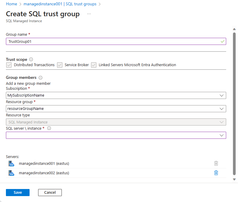 Captura de pantalla que muestra la página Crear creación de grupos de confianza de SQL con valores.