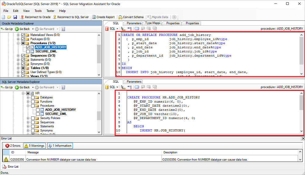 Captura de pantalla que muestra Transact-SQL, procedimientos almacenados y una advertencia.