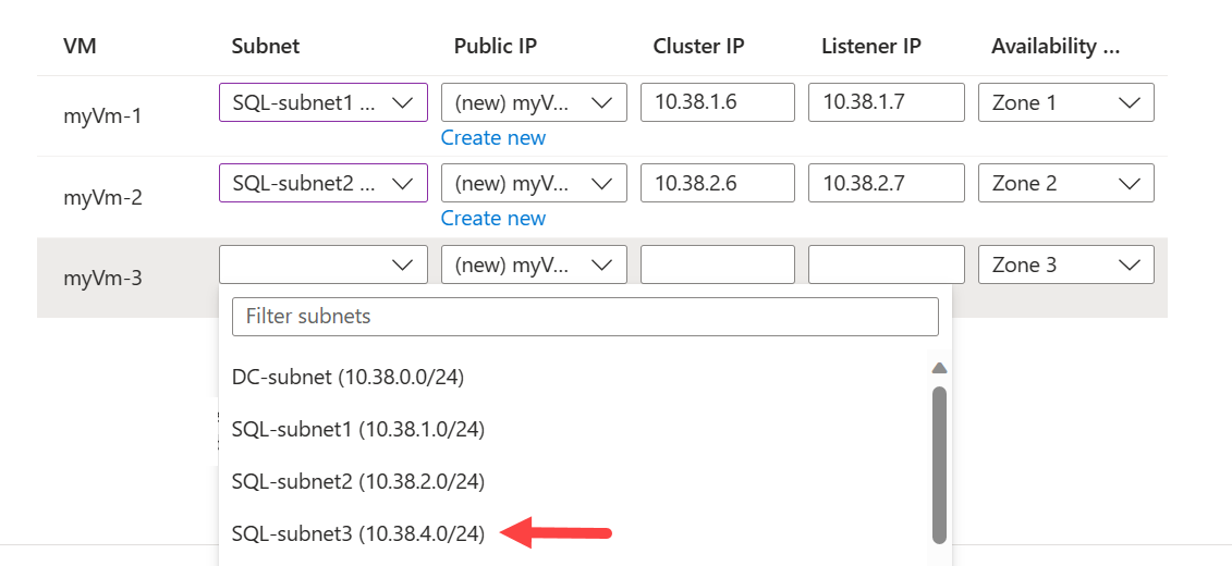 Captura de pantalla de Azure Portal que muestra la página para configurar subredes y direcciones IP.