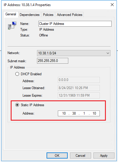 Selección de **Dirección IP estática** y actualización de la dirección IP a la dirección IP dedicada del clúster con Windows en la misma subred que asignó a la máquina virtual de SQL Server en el artículo de requisitos previos